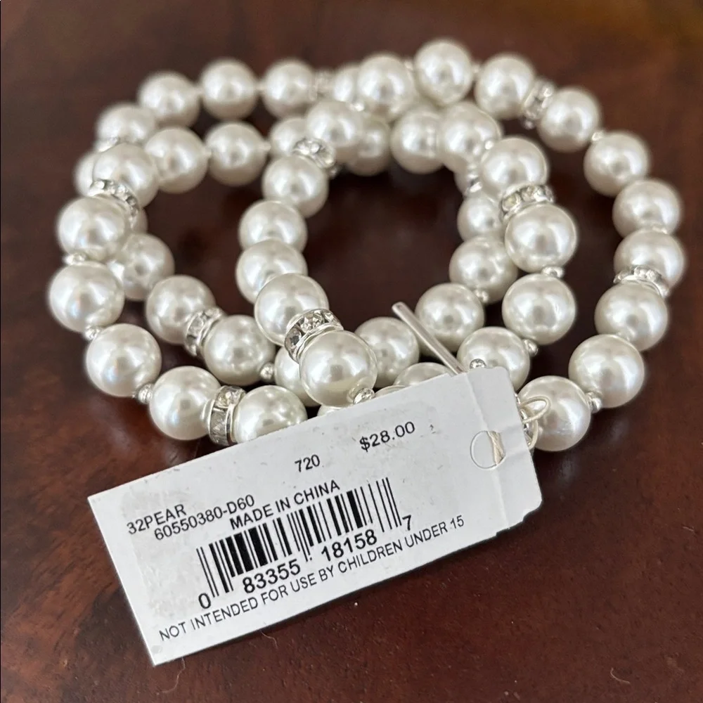 Napier Triple Row, white beads w/silver rhinestone studded bobble stretch - Picture 6 of 6